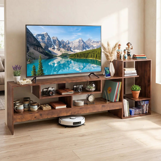 DirectDeals TV Stand for 55 Inch TV with power outlets, dark walnut wood, open cubbies on Tampa Home & Garden Store