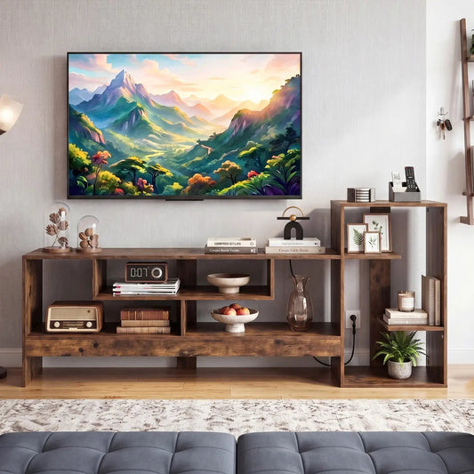 TV Stand for 55 Inch TV with outlets and storage, wood finish, open cubbies on Tampa Home & Garden Store