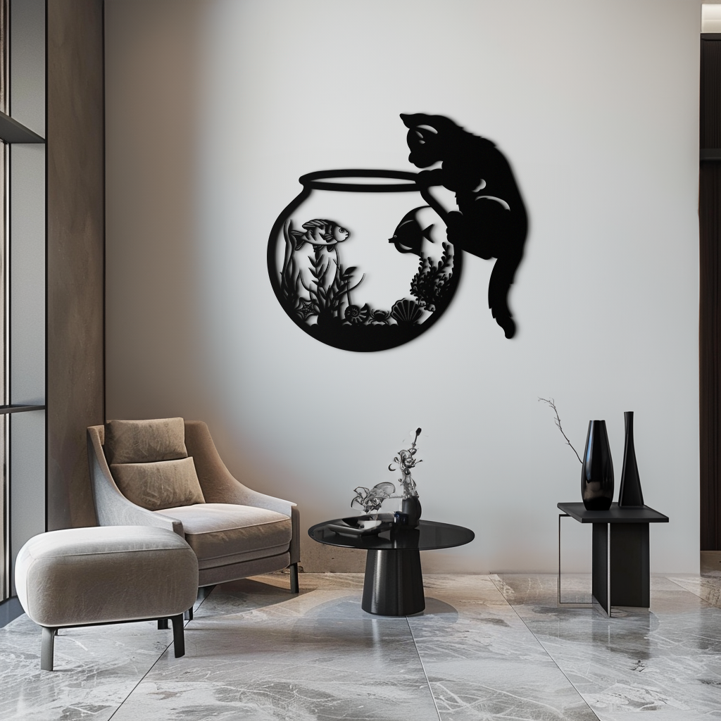 Curious Cat and Fishbowl Metal Wall Art - Playful Geometric Steel Decor - KAF135 - Tampa Home & Garden Store