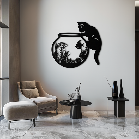 Curious Cat and Fishbowl Metal Wall Art - Playful Geometric Steel Decor - KAF135 - Tampa Home & Garden Store
