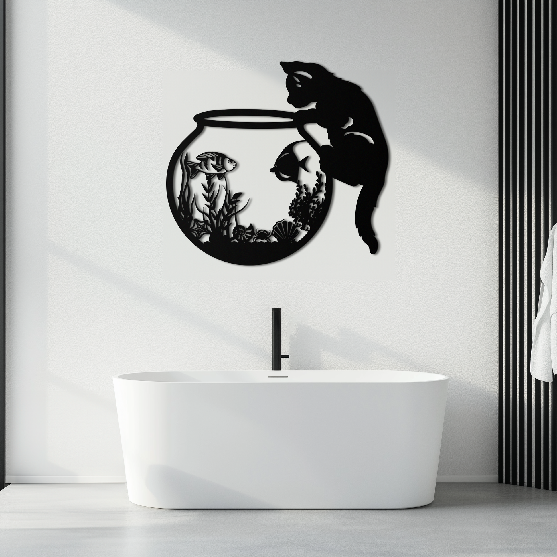 Curious Cat and Fishbowl Metal Wall Art - Playful Geometric Steel Decor - KAF135 - Tampa Home & Garden Store