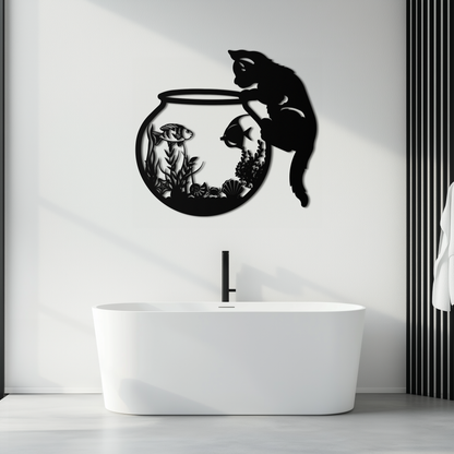 Curious Cat and Fishbowl Metal Wall Art - Playful Geometric Steel Decor - KAF135 - Tampa Home & Garden Store