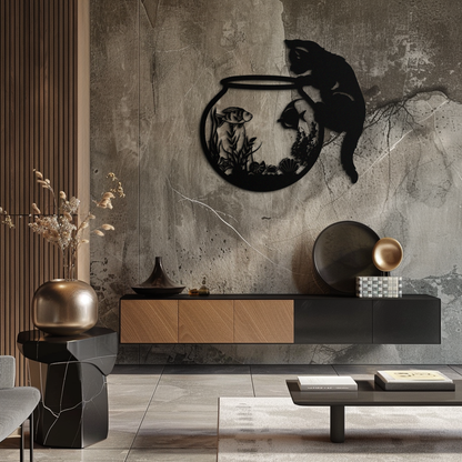 Curious Cat and Fishbowl Metal Wall Art - Playful Geometric Steel Decor - KAF135 - Tampa Home & Garden Store