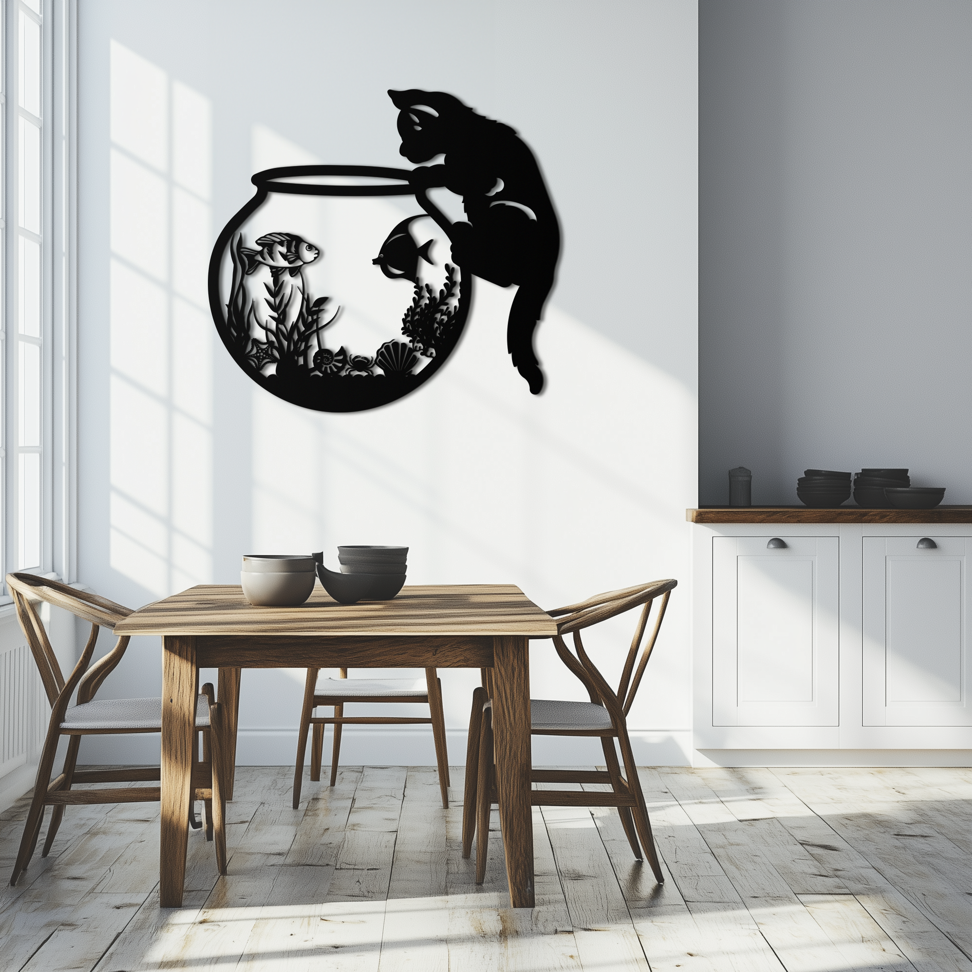 Curious Cat and Fishbowl Metal Wall Art - Playful Geometric Steel Decor - KAF135 - Tampa Home & Garden Store