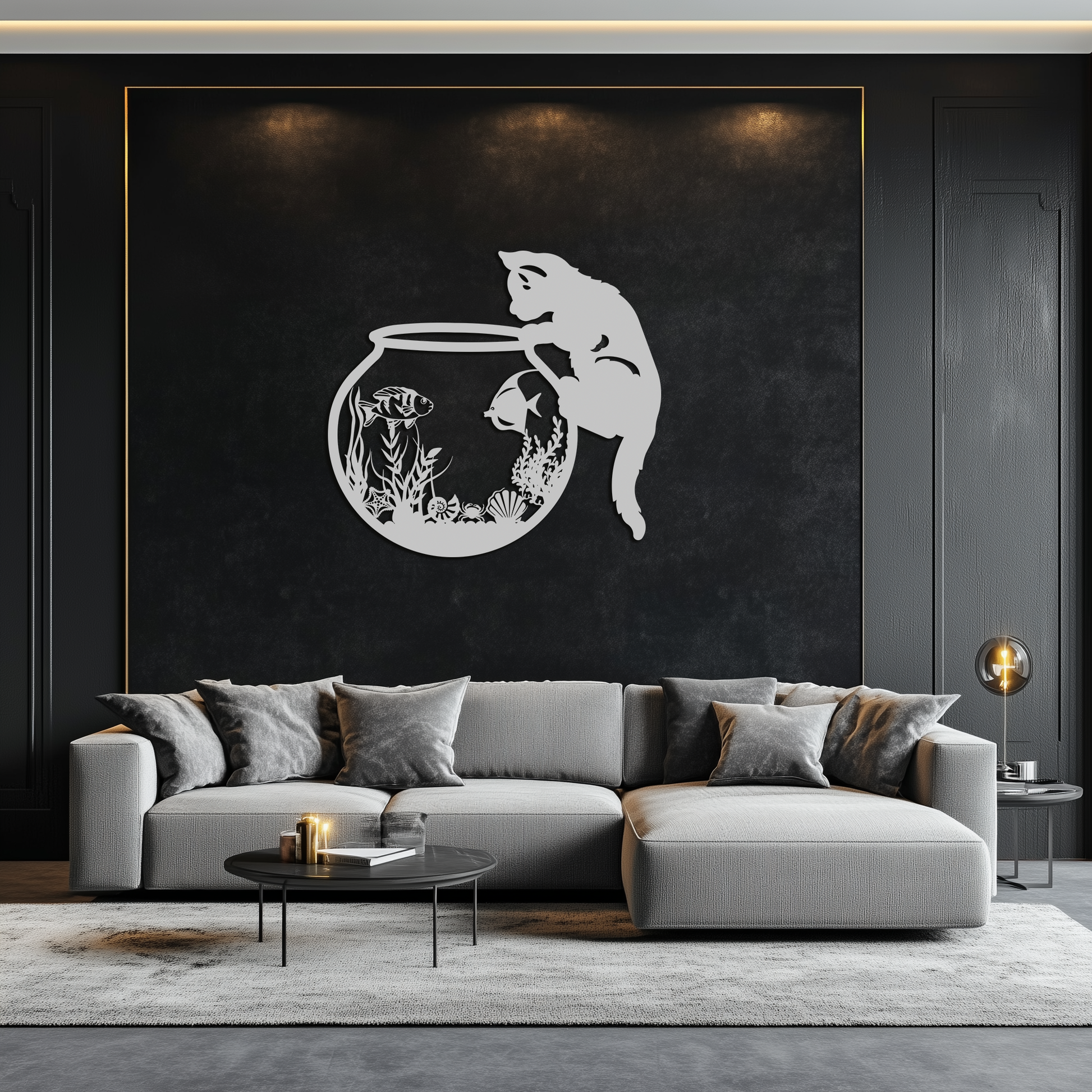 Curious Cat and Fishbowl Metal Wall Art - Playful Geometric Steel Decor - KAF135 - Tampa Home & Garden Store