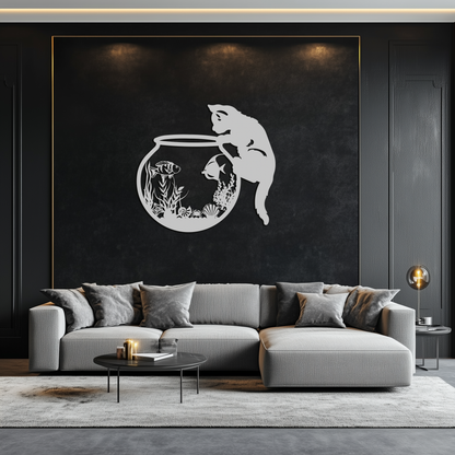Curious Cat and Fishbowl Metal Wall Art - Playful Geometric Steel Decor - KAF135 - Tampa Home & Garden Store