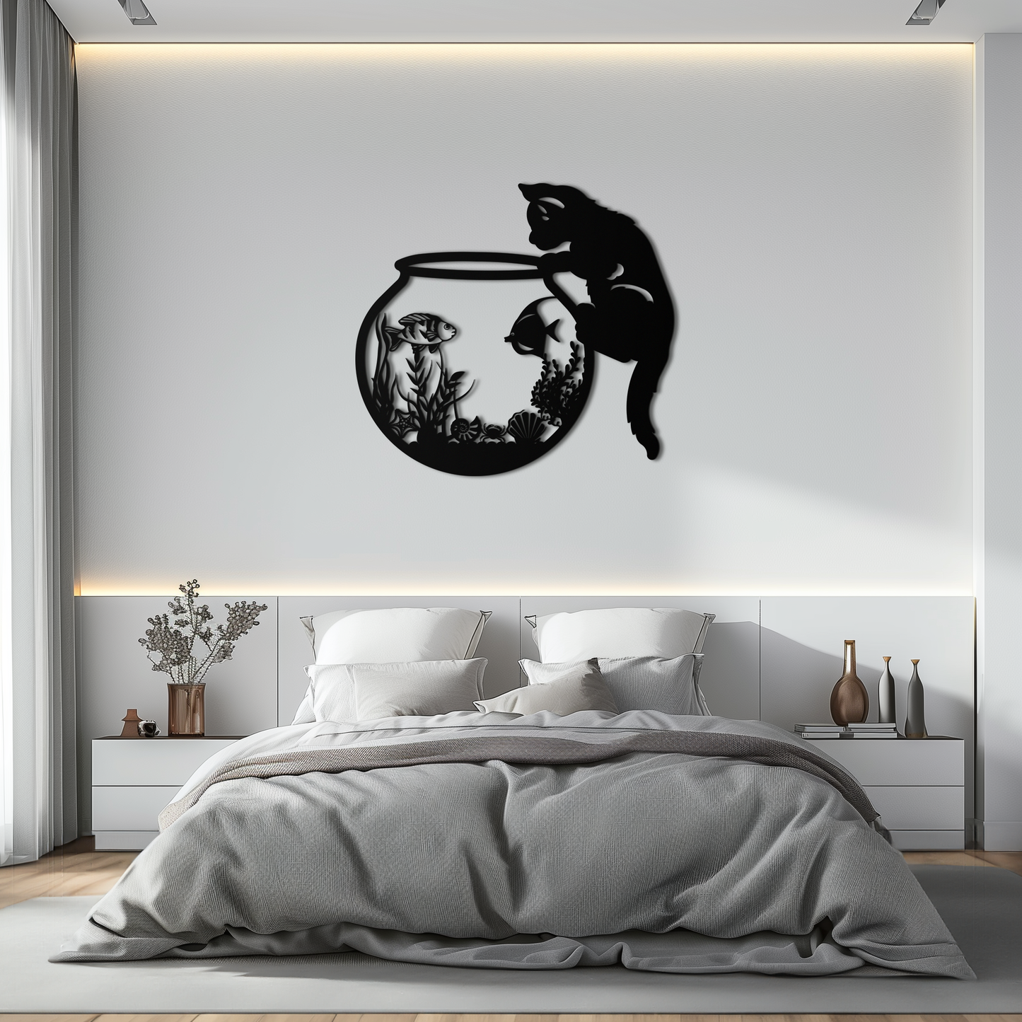 Curious Cat and Fishbowl Metal Wall Art - Playful Geometric Steel Decor - KAF135 - Tampa Home & Garden Store