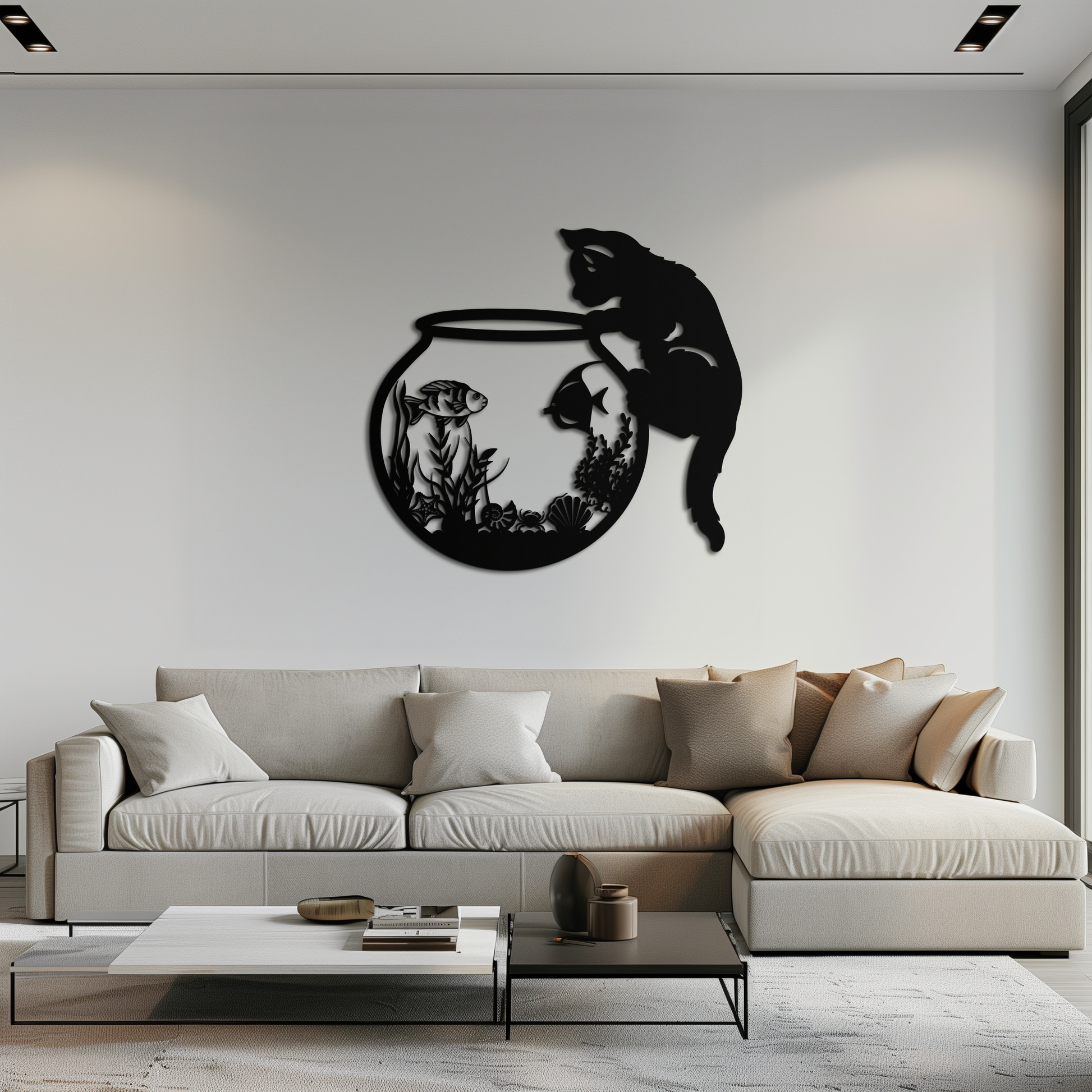 Curious Cat and Fishbowl Metal Wall Art - Playful Geometric Steel Decor - KAF135 - Tampa Home & Garden Store