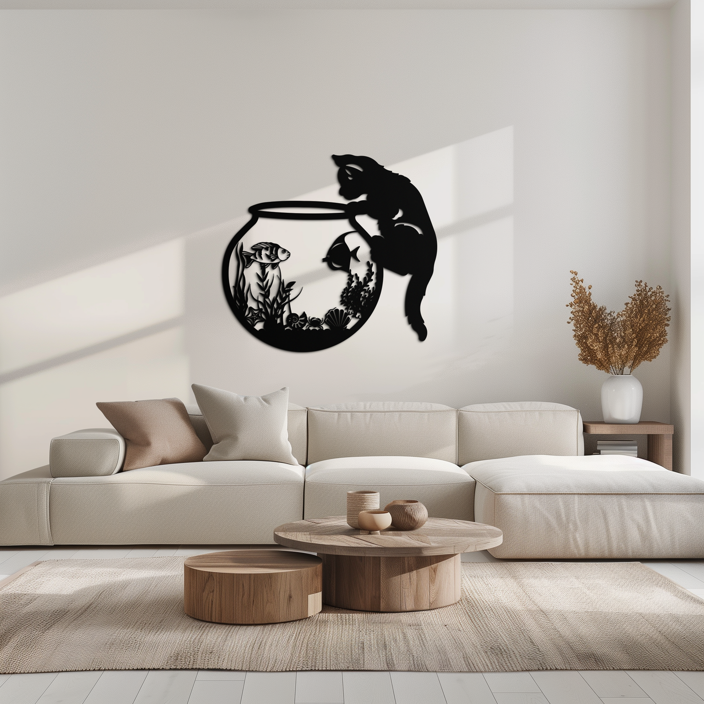 Curious Cat and Fishbowl Metal Wall Art - Playful Geometric Steel Decor - KAF135 - Tampa Home & Garden Store