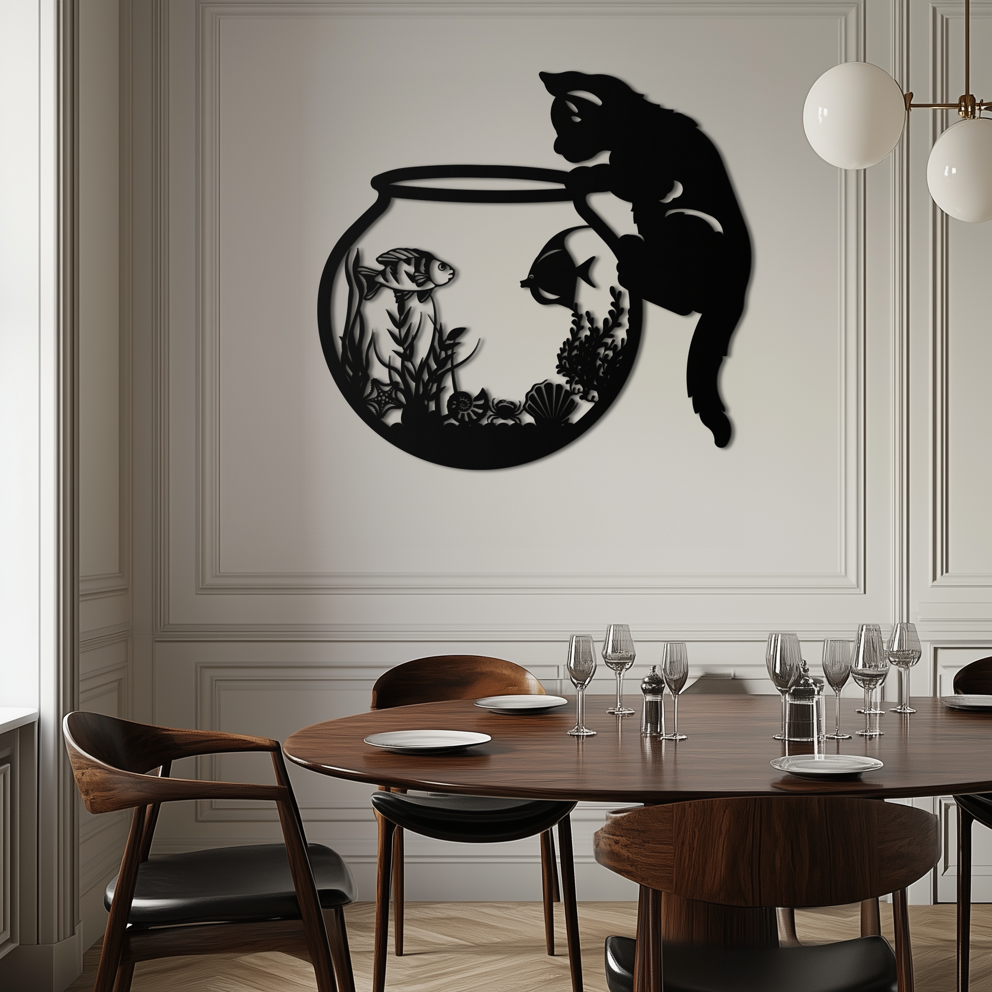 Curious Cat and Fishbowl Metal Wall Art - Playful Geometric Steel Decor - KAF135 - Tampa Home & Garden Store