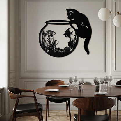 Curious Cat and Fishbowl Metal Wall Art - Playful Geometric Steel Decor - KAF135 - Tampa Home & Garden Store