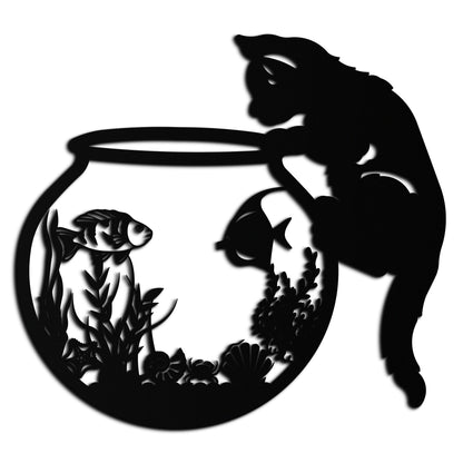 Curious Cat and Fishbowl Metal Wall Art - Playful Geometric Steel Decor - KAF135 - Tampa Home & Garden Store