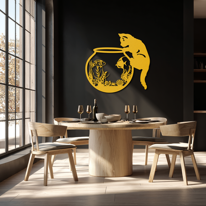 Curious Cat and Fishbowl Metal Wall Art - Playful Geometric Steel Decor - KAF135 - Tampa Home & Garden Store