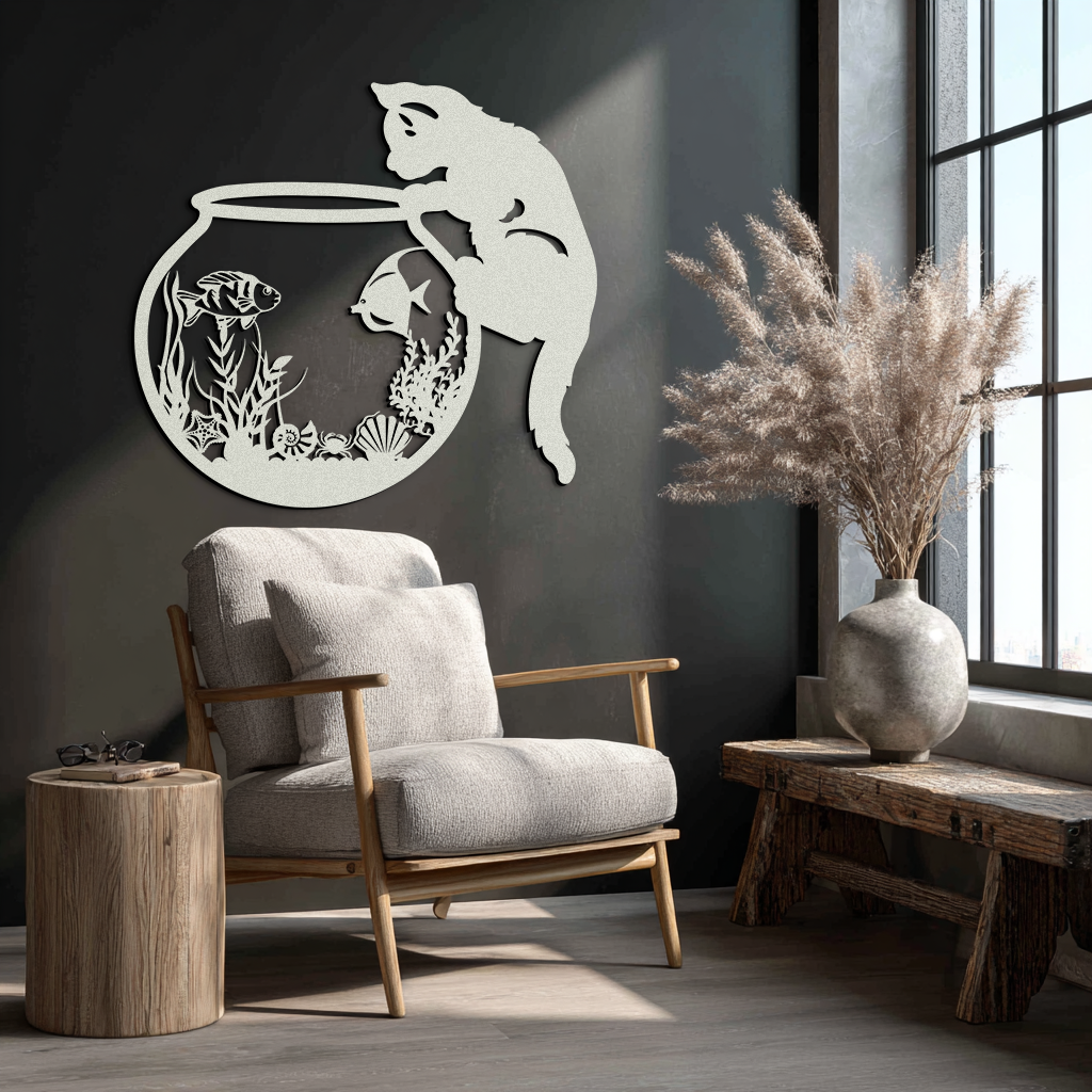 Curious Cat and Fishbowl Metal Wall Art - Playful Geometric Steel Decor - KAF135 - Tampa Home & Garden Store