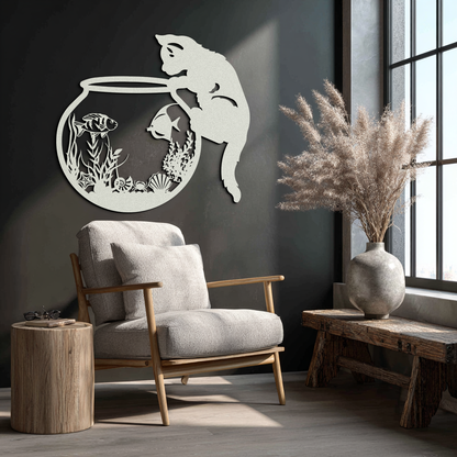 Curious Cat and Fishbowl Metal Wall Art - Playful Geometric Steel Decor - KAF135 - Tampa Home & Garden Store