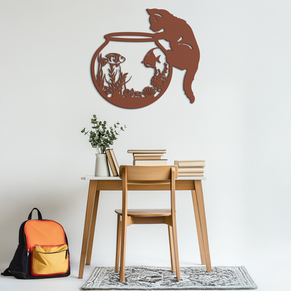 Curious Cat and Fishbowl Metal Wall Art - Playful Geometric Steel Decor - KAF135 - Tampa Home & Garden Store
