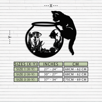Curious Cat and Fishbowl Metal Wall Art - Playful Geometric Steel Decor - KAF135 - Tampa Home & Garden Store
