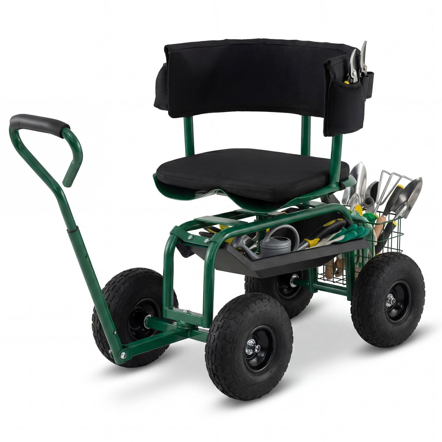 Cushioned Rolling Garden Cart Scooter with Storage Basket and Tool Pouch-Blue