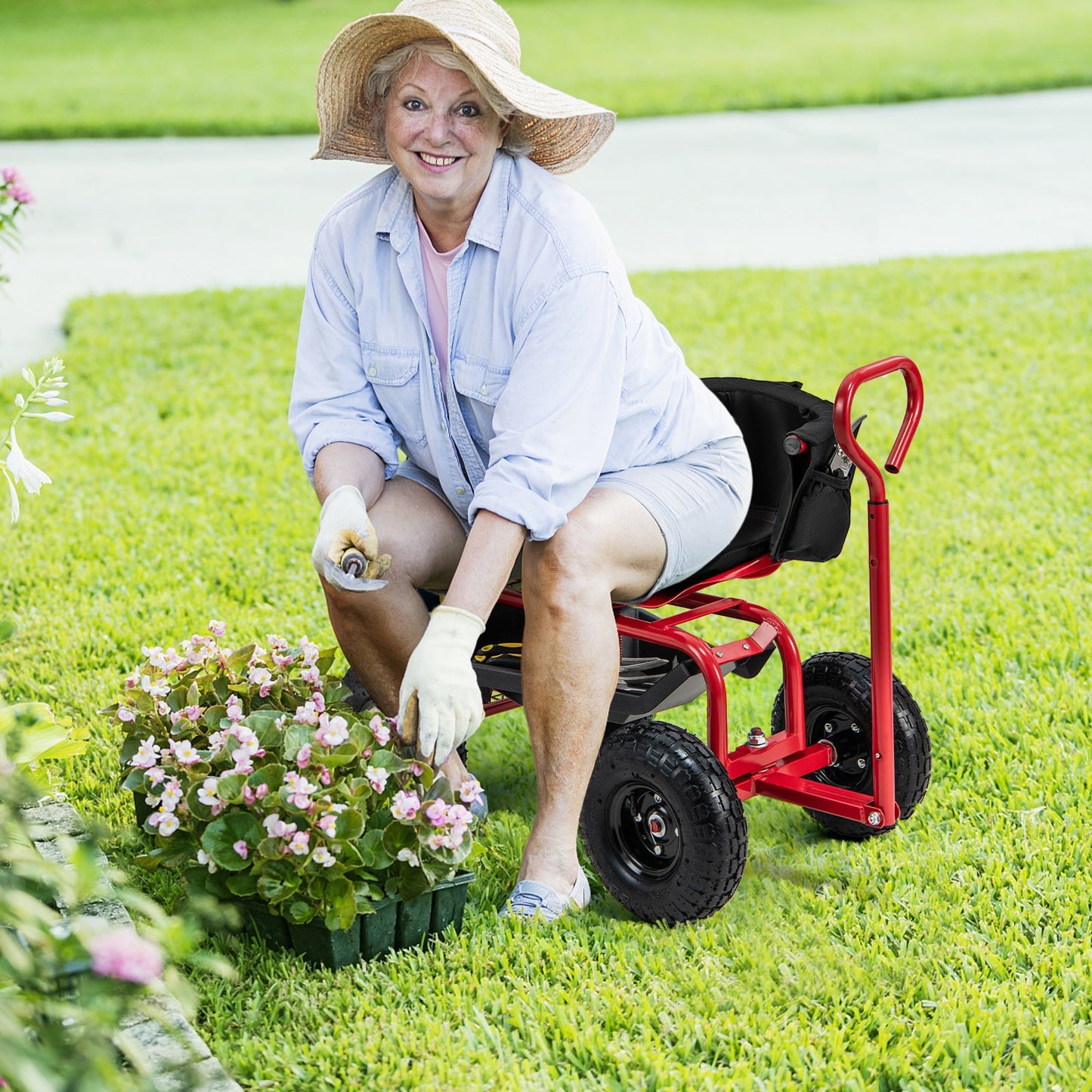 Carro de jardinería con ruedas, asiento acolchado, cesta de almacenamiento y bolsa de herramientas - Negro y Rojo