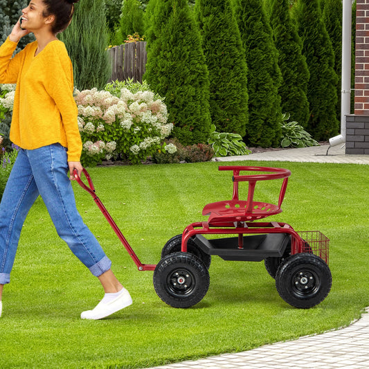 Carro de jardinería con ruedas, asiento acolchado, cesta de almacenamiento y bolsa de herramientas - Negro y Rojo