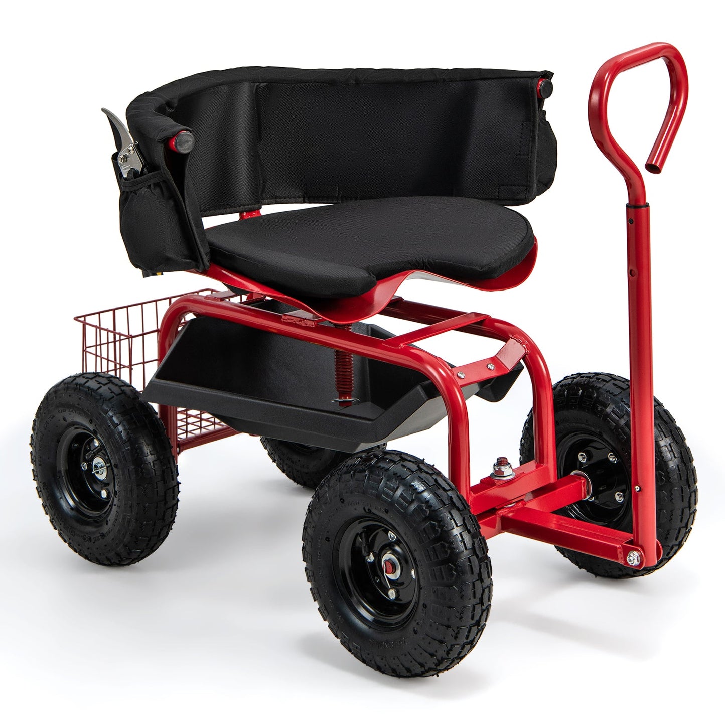 Carro de jardinería con ruedas, asiento acolchado, cesta de almacenamiento y bolsa de herramientas - Negro y Rojo