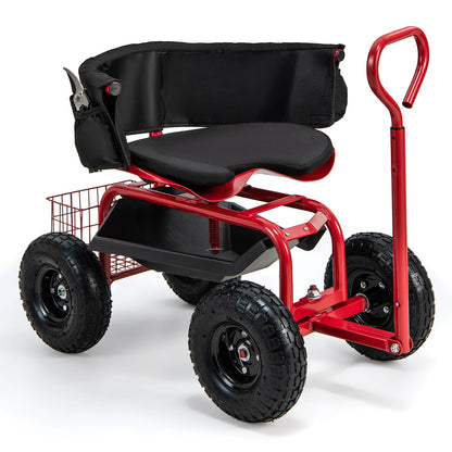 Carro de jardinería con ruedas, asiento acolchado, cesta de almacenamiento y bolsa de herramientas - Negro y Rojo