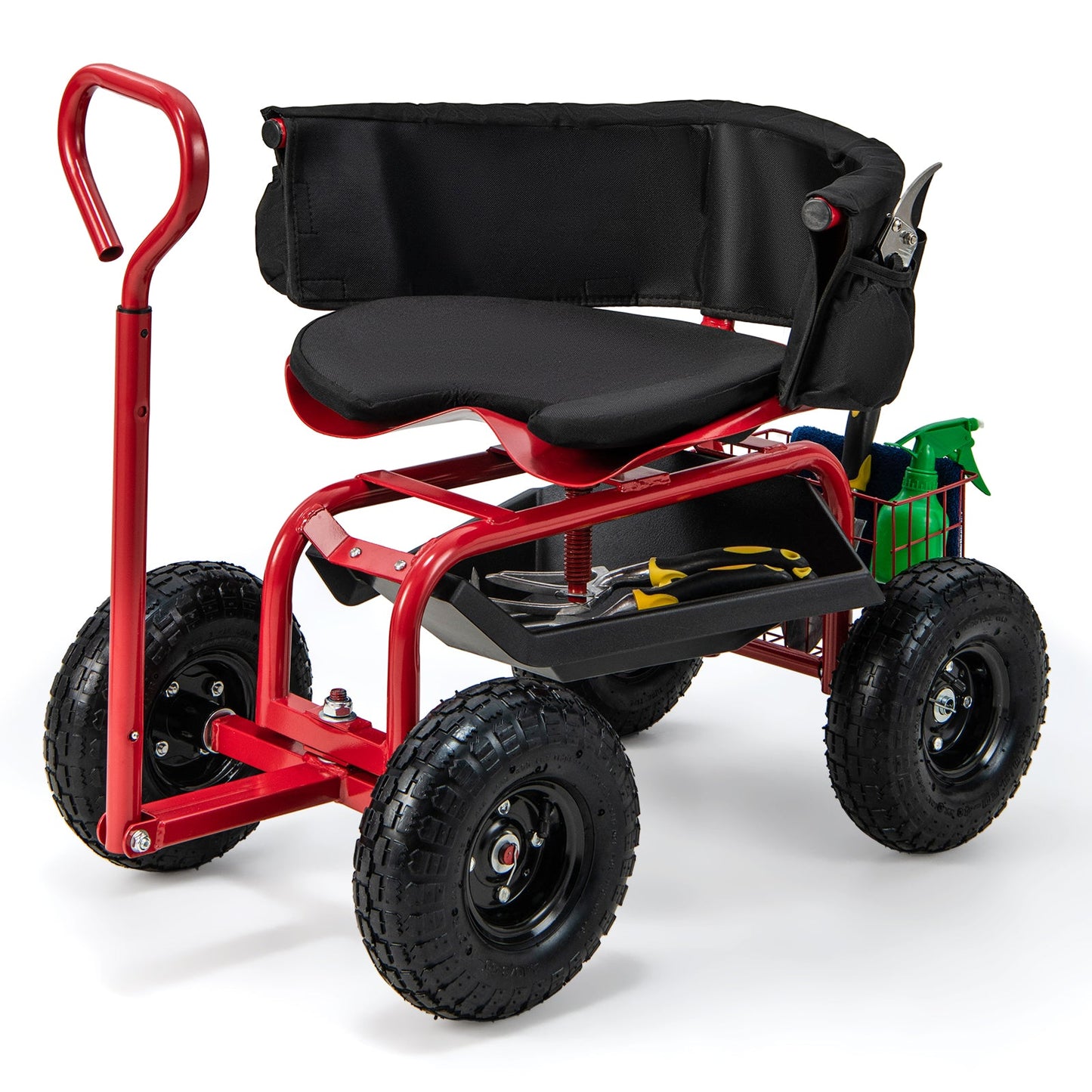Carro de jardinería con ruedas, asiento acolchado, cesta de almacenamiento y bolsa de herramientas - Negro y Rojo