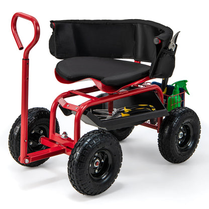 Carro de jardinería con ruedas, asiento acolchado, cesta de almacenamiento y bolsa de herramientas - Negro y Rojo