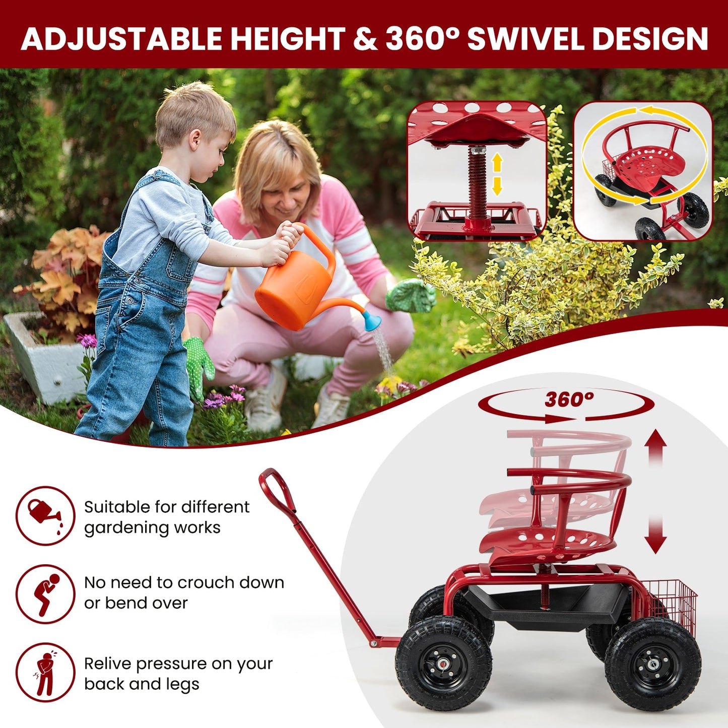 Carro de jardinería con ruedas, asiento acolchado, cesta de almacenamiento y bolsa de herramientas - Negro y Rojo