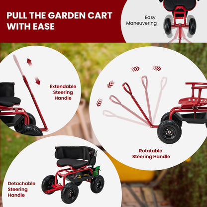 Carro de jardinería con ruedas, asiento acolchado, cesta de almacenamiento y bolsa de herramientas - Negro y Rojo