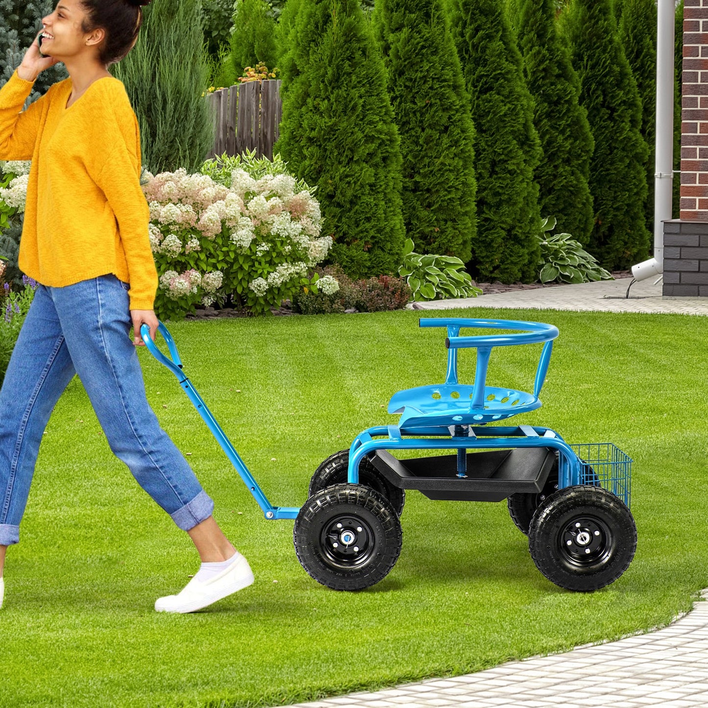 Carro/Patín de Jardín Rodante Acolchado con Cesta de Almacenamiento y Bolsa de Herramientas - Azul