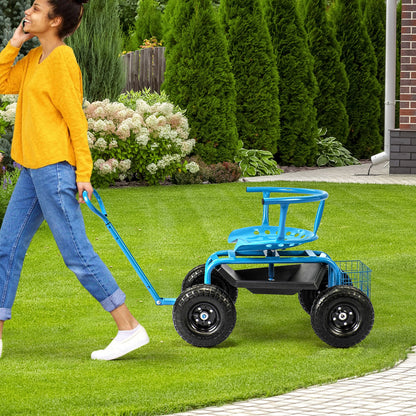 Carro/Patín de Jardín Rodante Acolchado con Cesta de Almacenamiento y Bolsa de Herramientas - Azul