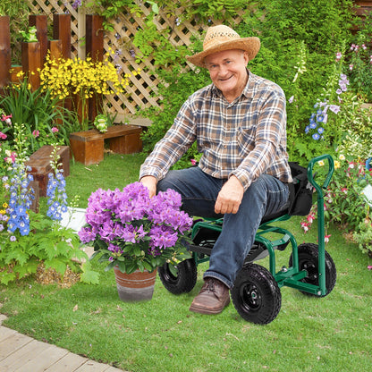 Carro Scooter de Jardín con Ruedas y Cojín, Cesta de Almacenamiento y Bolsa de Herramientas - Verde