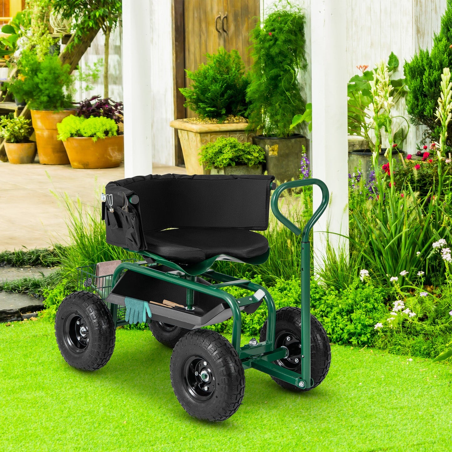 Carro Scooter de Jardín con Ruedas y Cojín, Cesta de Almacenamiento y Bolsa de Herramientas - Verde