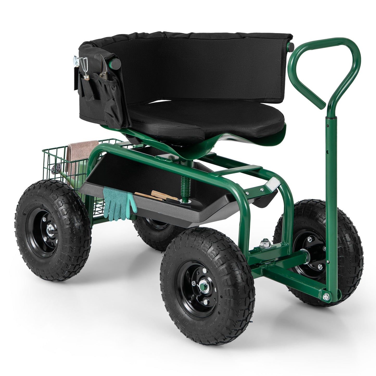 Carro Scooter de Jardín con Ruedas y Cojín, Cesta de Almacenamiento y Bolsa de Herramientas - Verde
