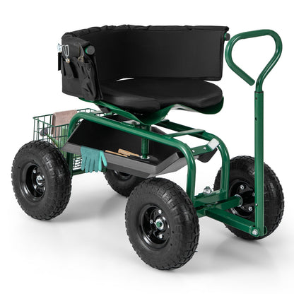 Carro Scooter de Jardín con Ruedas y Cojín, Cesta de Almacenamiento y Bolsa de Herramientas - Verde