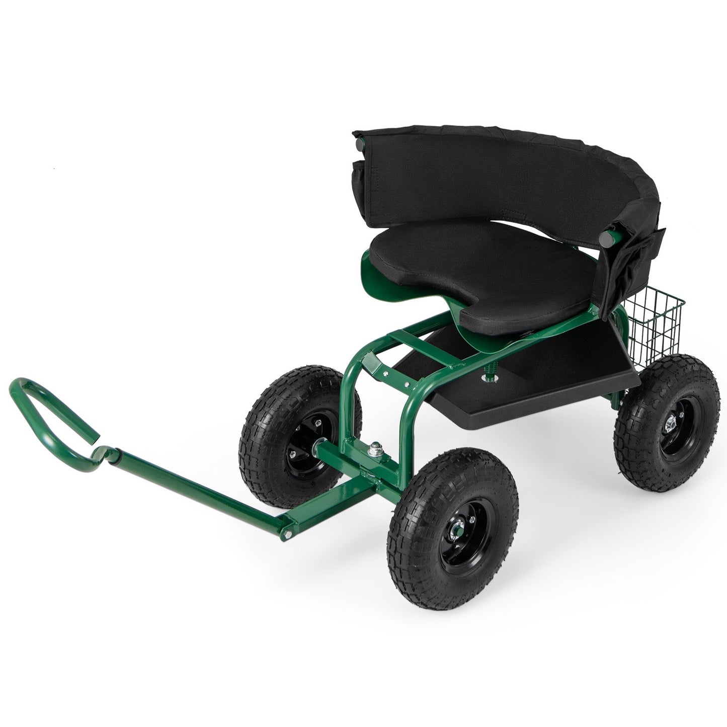 Carro Scooter de Jardín con Ruedas y Cojín, Cesta de Almacenamiento y Bolsa de Herramientas - Verde