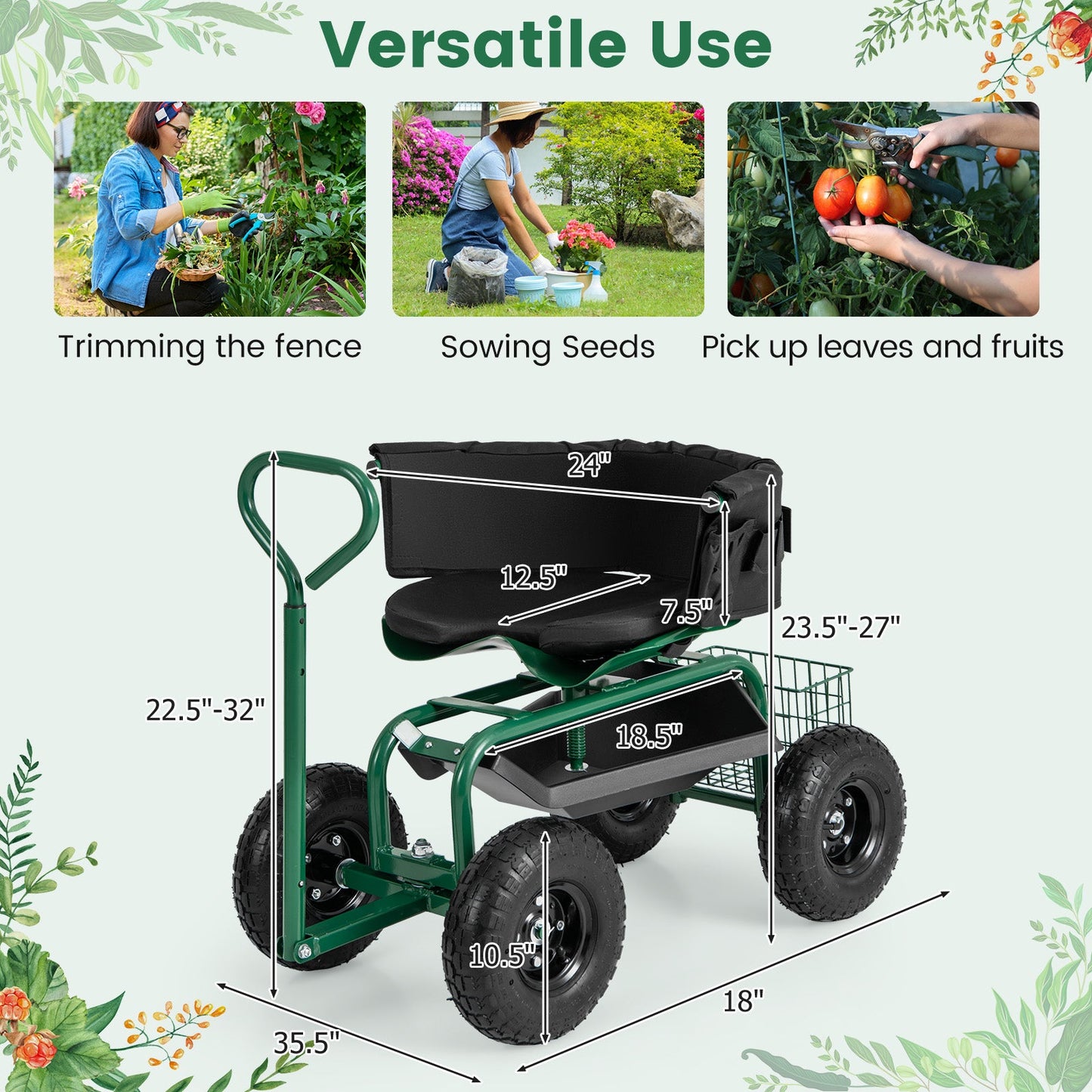 Carro Scooter de Jardín con Ruedas y Cojín, Cesta de Almacenamiento y Bolsa de Herramientas - Verde