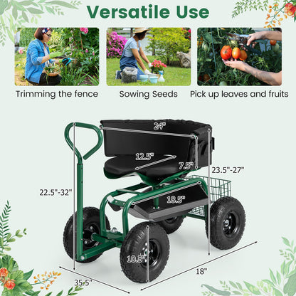 Carro Scooter de Jardín con Ruedas y Cojín, Cesta de Almacenamiento y Bolsa de Herramientas - Verde