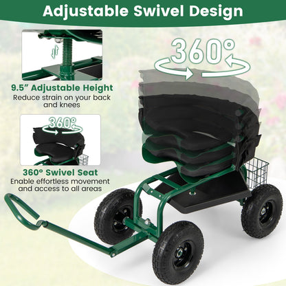 Carro Scooter de Jardín con Ruedas y Cojín, Cesta de Almacenamiento y Bolsa de Herramientas - Verde