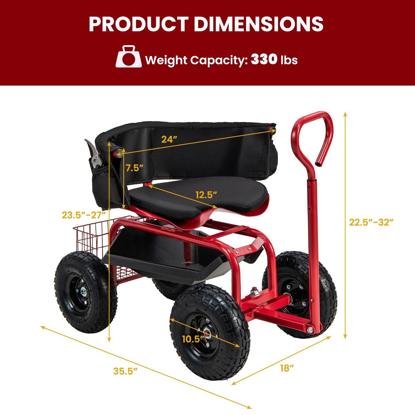 Carro de jardinería con ruedas, asiento acolchado, cesta de almacenamiento y bolsa de herramientas - Negro y Rojo