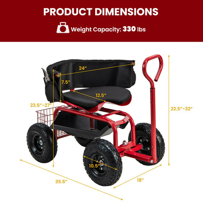 Carro de jardinería con ruedas, asiento acolchado, cesta de almacenamiento y bolsa de herramientas - Negro y Rojo