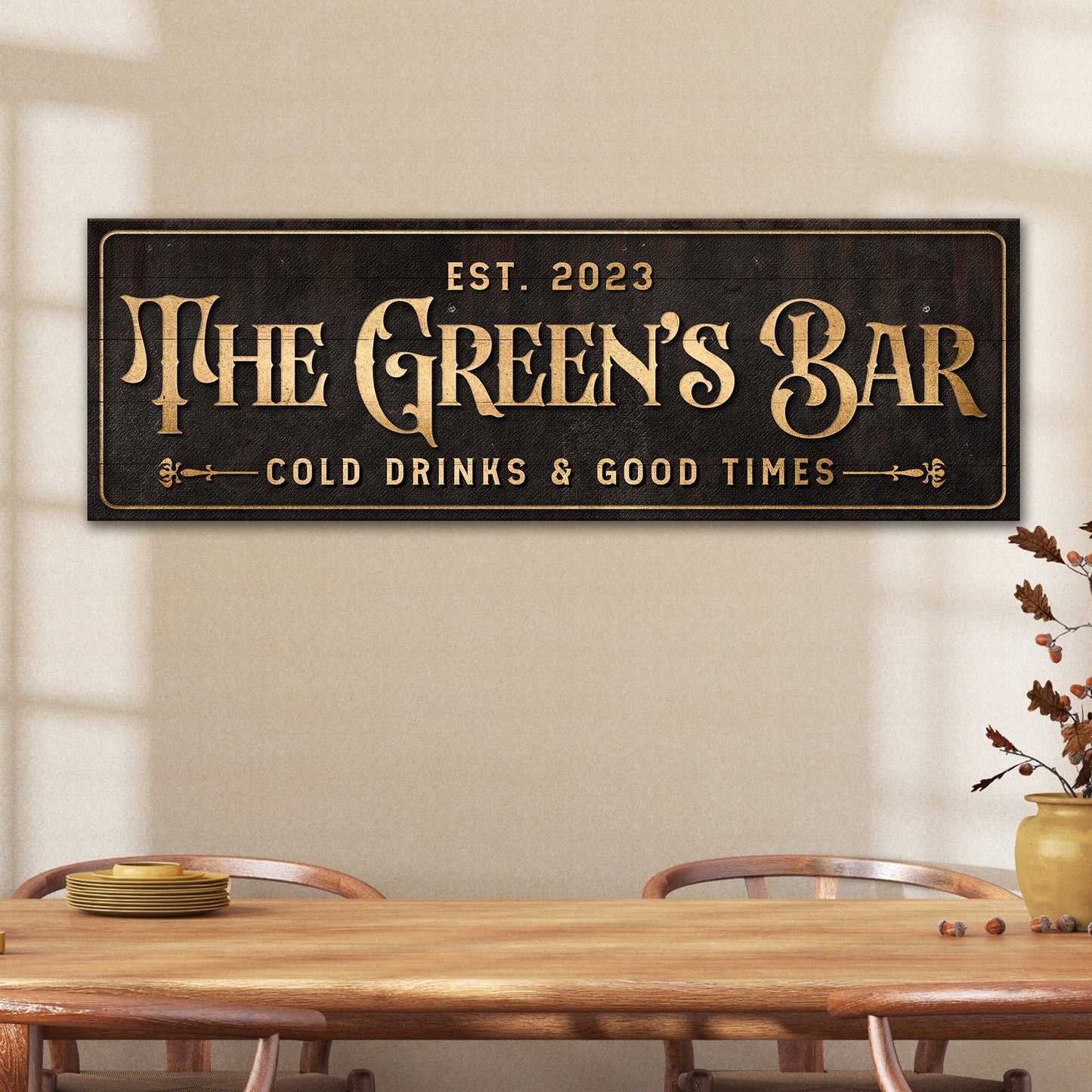 Custom Bar Sign III canvas by Tailored Canvases, black with gold lettering EST 2023 on Tampa Home & Garden Store