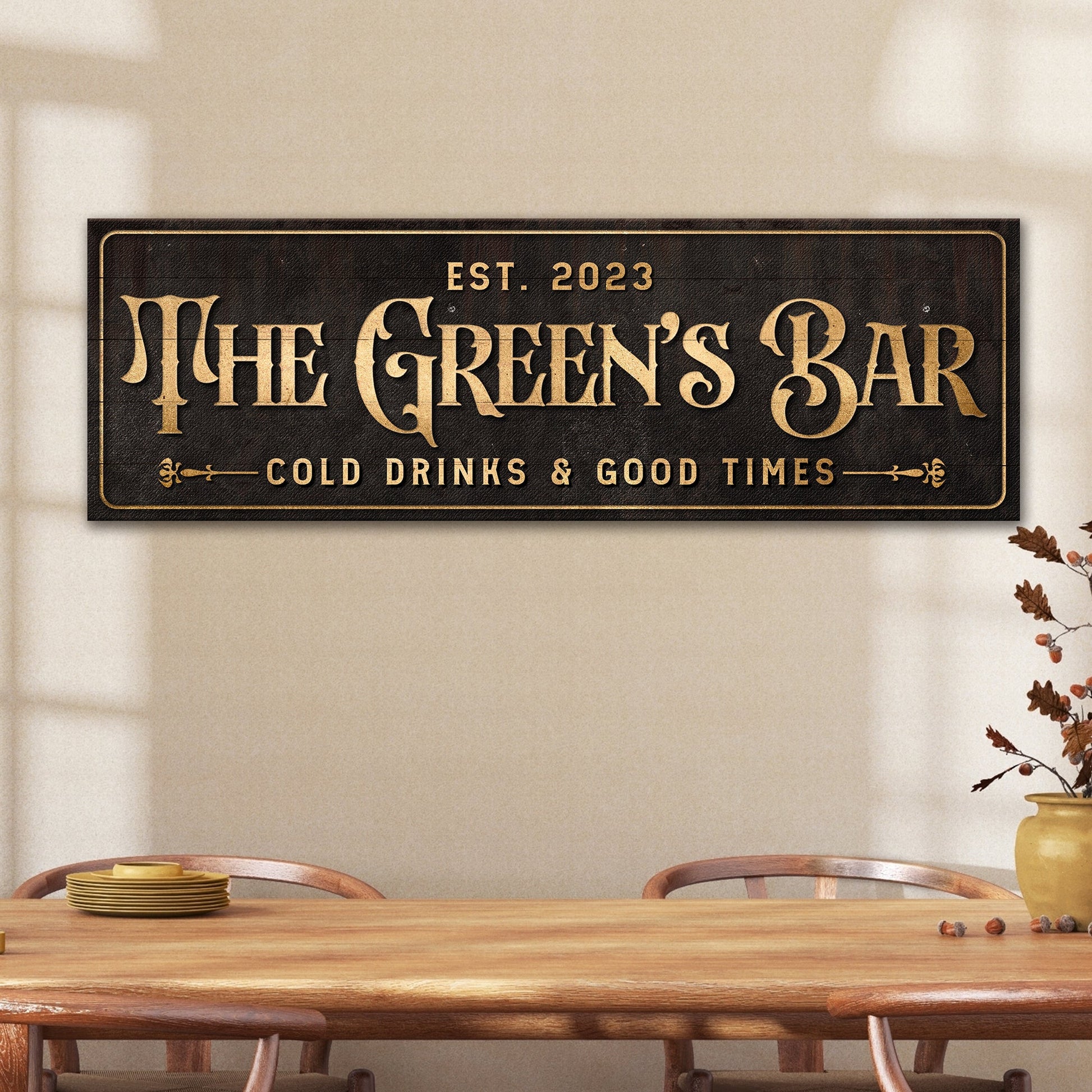 Custom Bar Sign III canvas by Tailored Canvases, black with gold lettering EST 2023 on Tampa Home & Garden Store