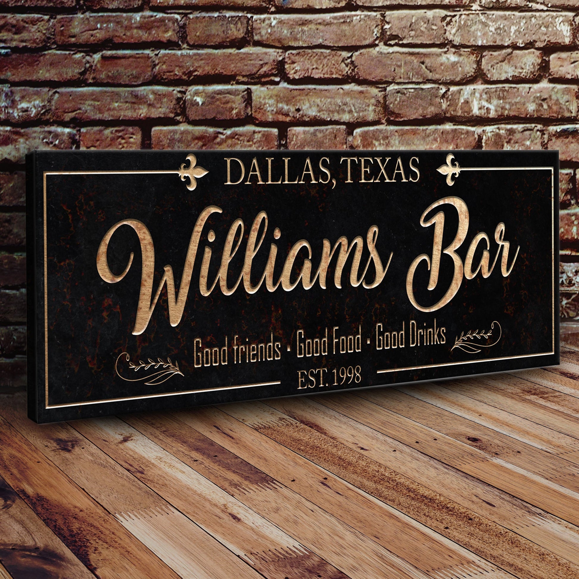 Custom Bar Sign canvas by Tailored Canvases with black background and gold script Dallas, Texas on Tampa Home & Garden Store