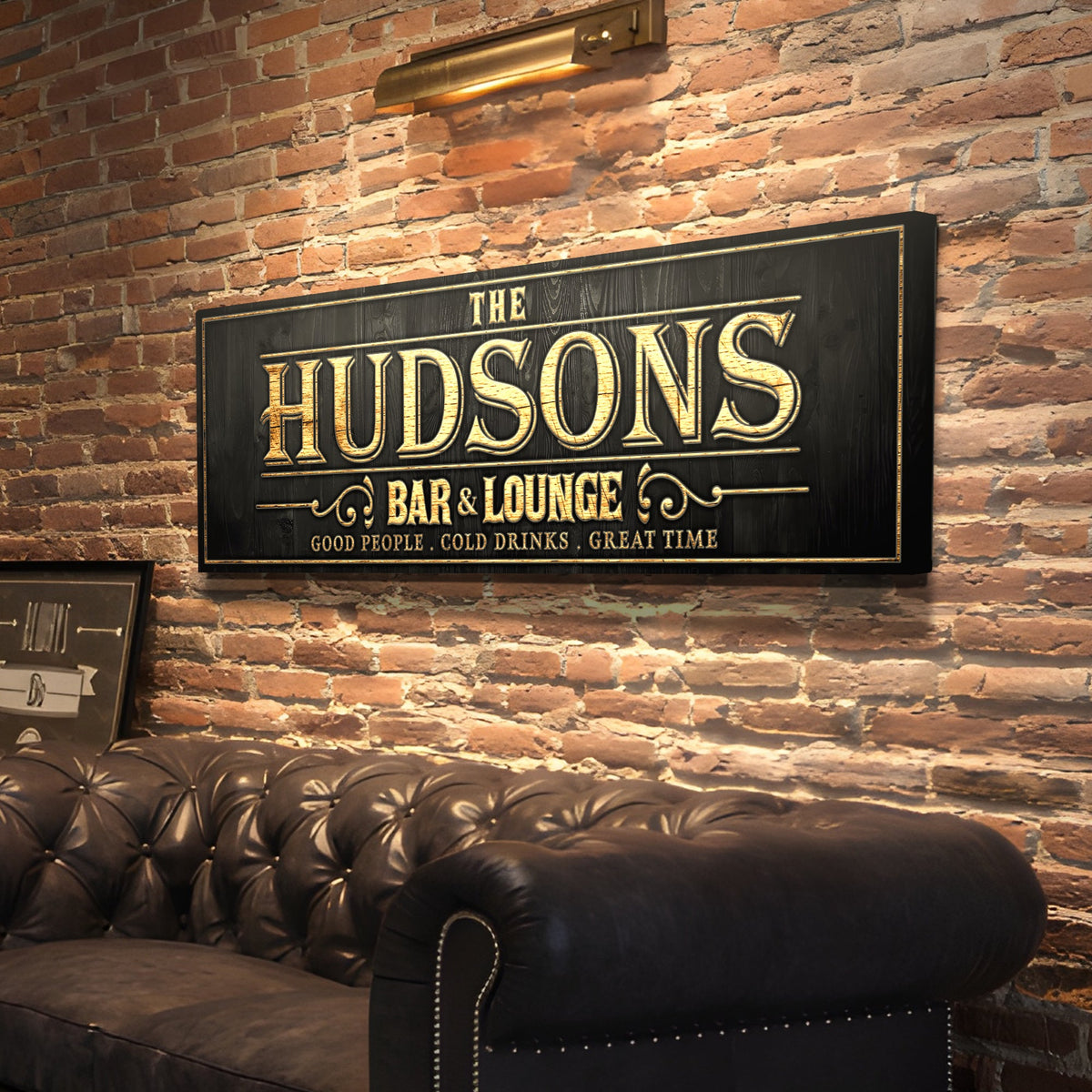 Custom Bar Sign II canvas by Tailored Canvases, black framed sign with gold HUDSONS BAR & LOUNGE on Tampa Home & Garden Store