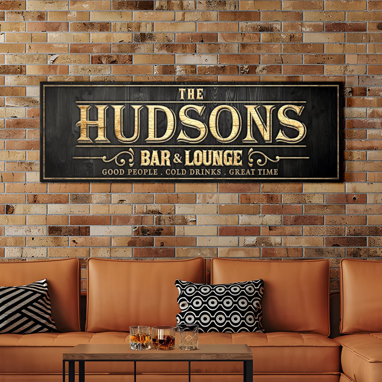 Custom Bar Sign II canvas wall art with black gold lettering by Tailored Canvases on Tampa Home & Garden Store