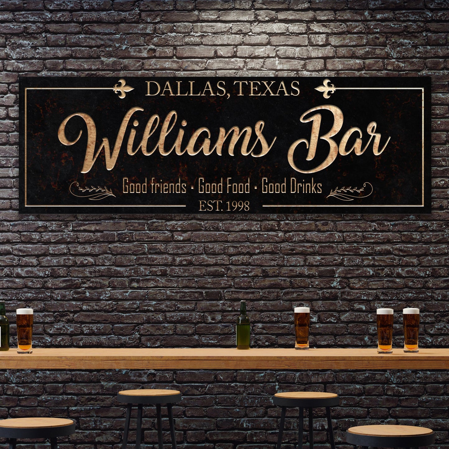 Custom Bar Sign canvas by Tailored Canvases, black with gold Williams Bar script, Dallas, Texas on Tampa Home & Garden Store