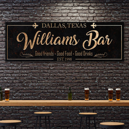 Custom Bar Sign canvas by Tailored Canvases, black with gold Williams Bar script, Dallas, Texas on Tampa Home & Garden Store