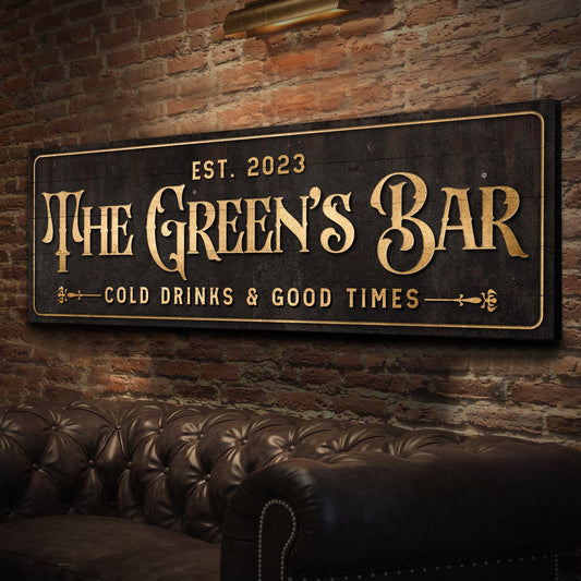 Custom Bar Sign III canvas with gold lettering The Garden's Bar on dark textured surface on Tampa Home & Garden Store
